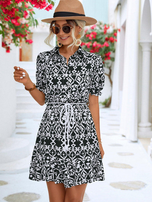 Printed Tie Waist Collared Flounce Sleeve Dress - Whiicka