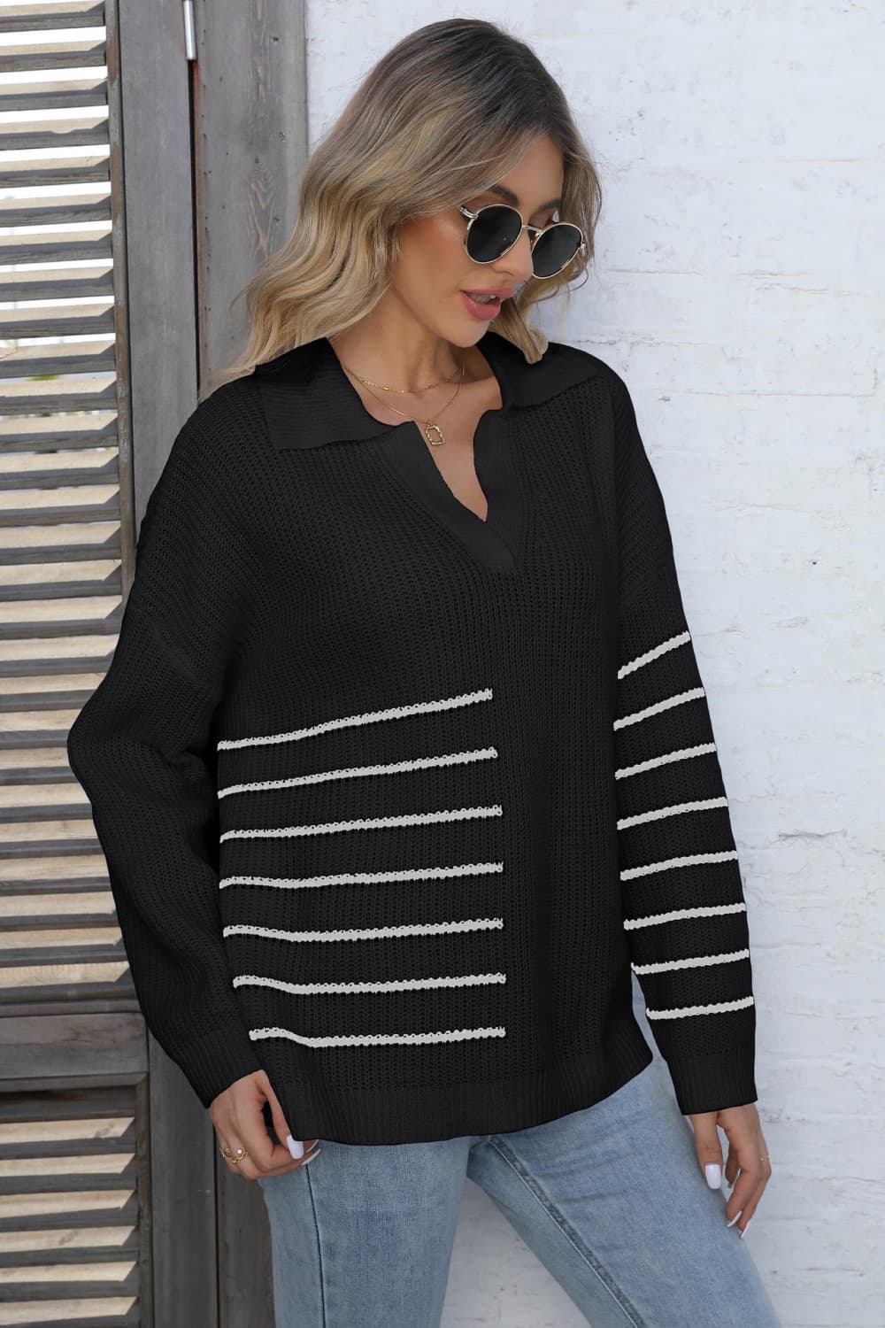 Ribbed Notched Neck Striped Sweater - Whiicka