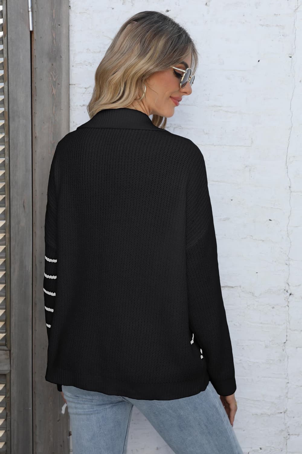 Ribbed Notched Neck Striped Sweater - Whiicka