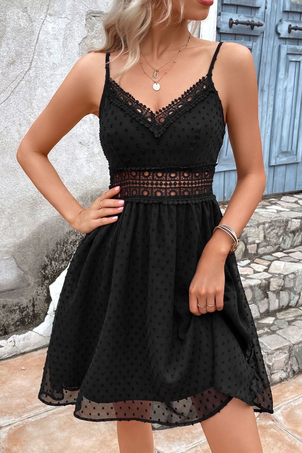 Swiss Dot Spliced Lace Dress - Whiicka