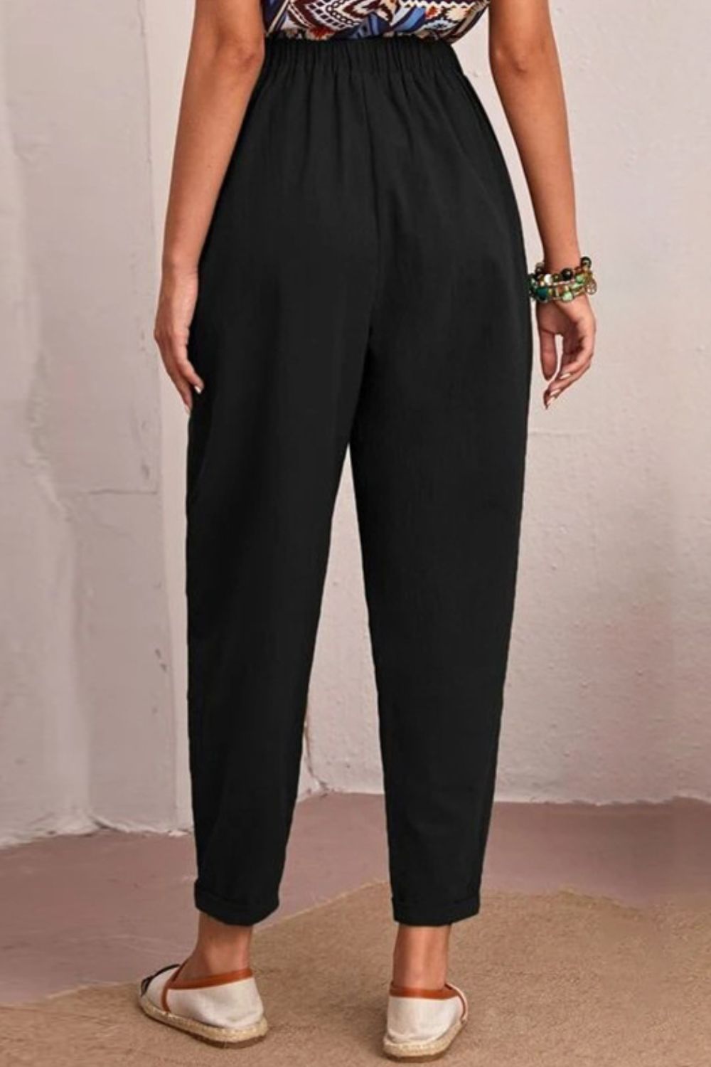 Elastic Waist Pocket Tapered Pants - Whiicka