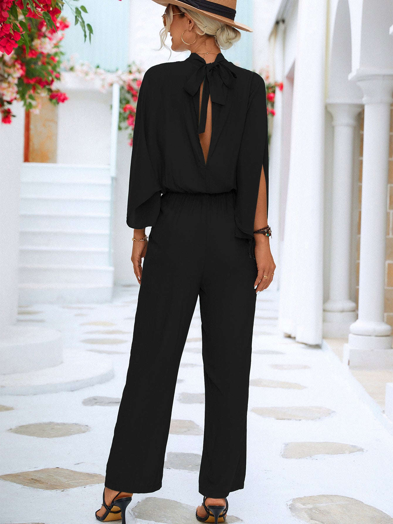 Black Tie Back Mock Neck Split Sleeve Jumpsuit - Whiicka