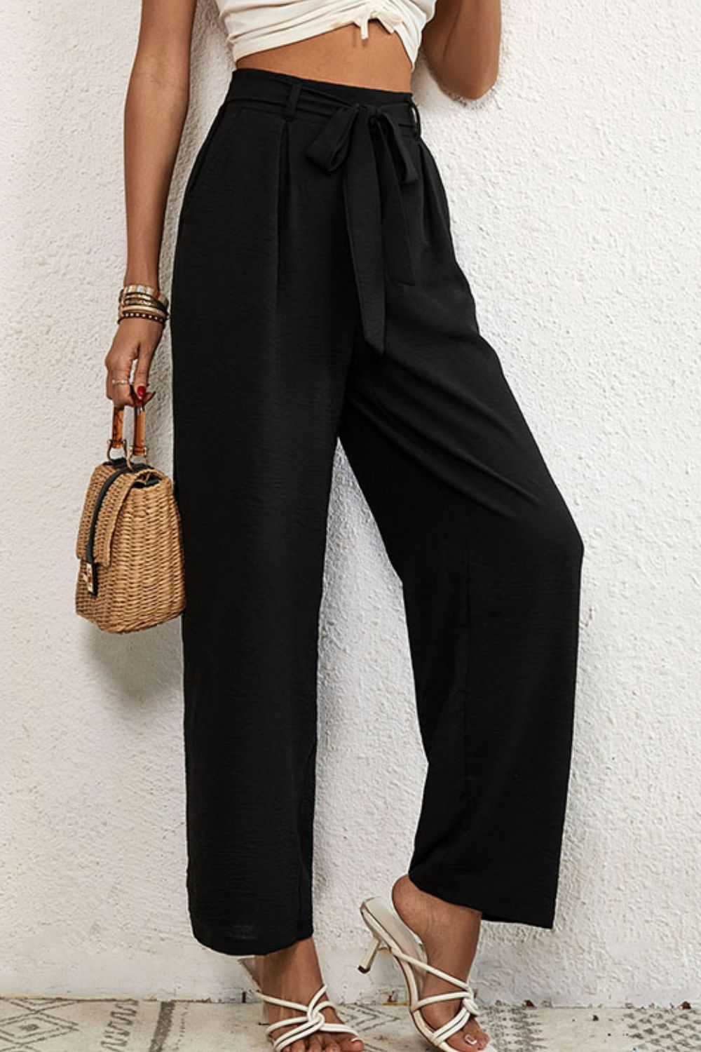 Belted Pleated Waist Wide Leg Pants - Whiicka