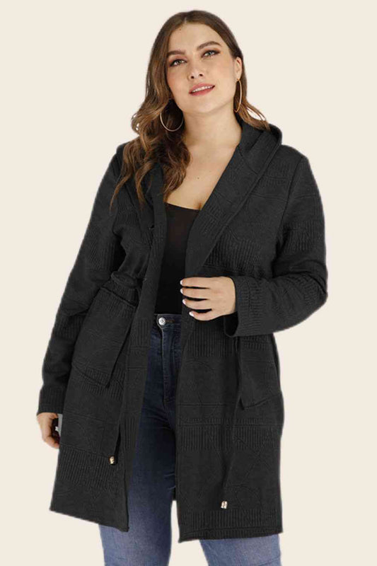 Plus Size Drawstring Hooded Cardigan