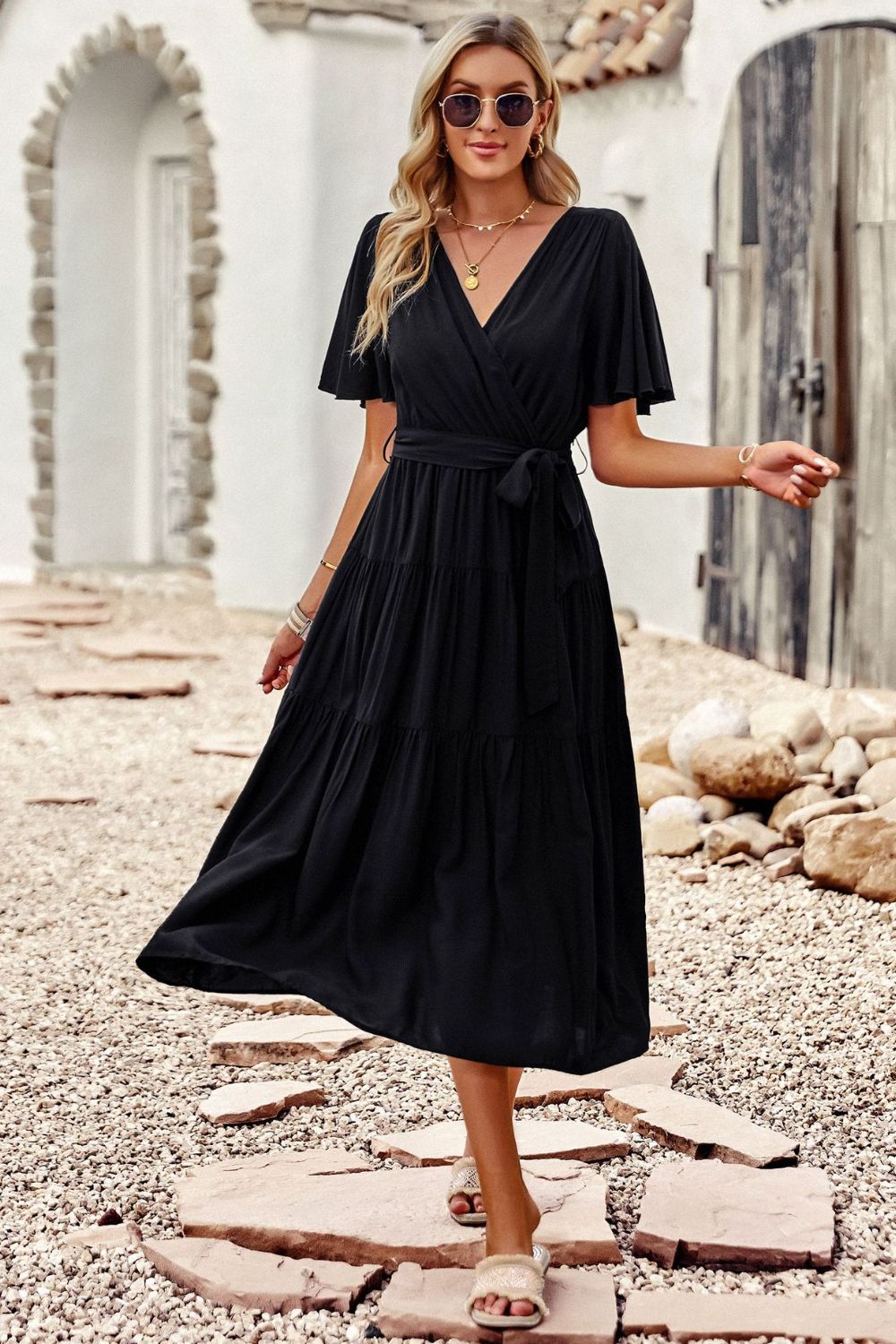 Belted Flutter Sleeve Tiered Surplice Dress - Whiicka