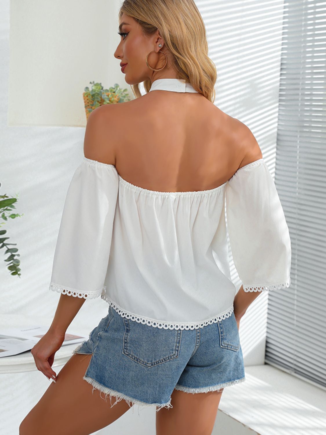 Crochet Halter Neck Cold-Shoulder Blouse - Whiicka