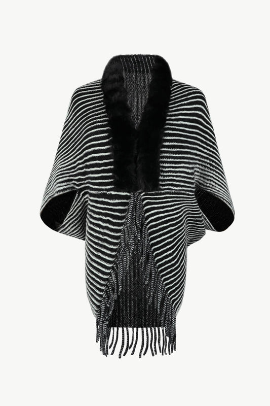 Striped Open Front Fringe Poncho - Whiicka