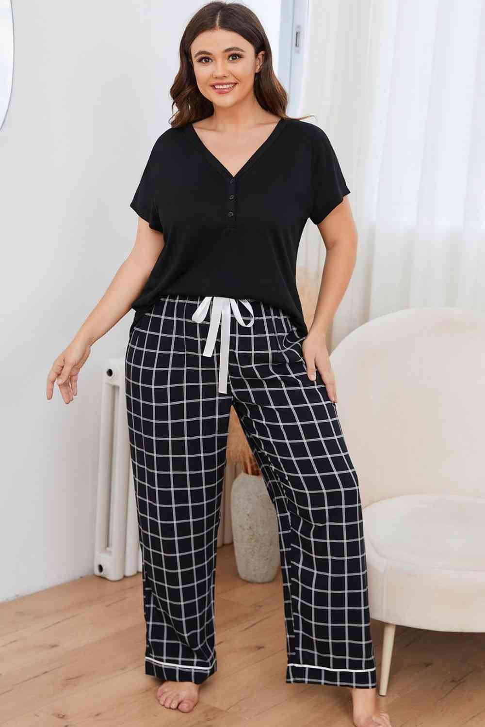 Plus Size V-Neck Top and Plaid Pants Lounge Set