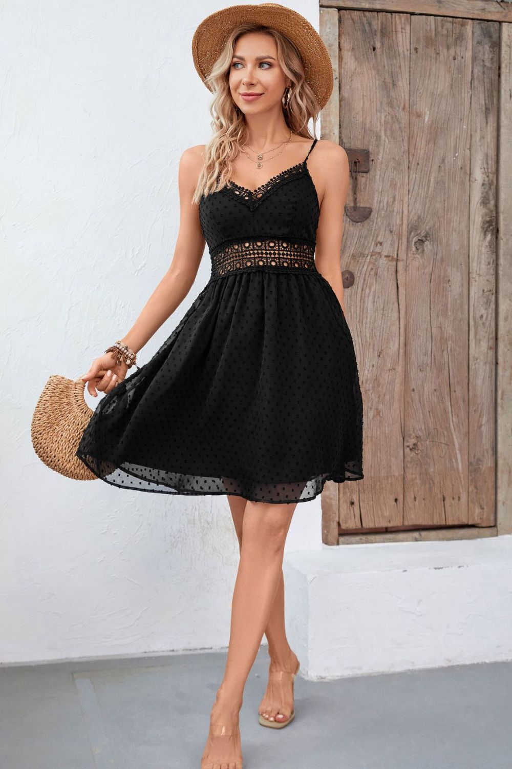 Swiss Dot Spliced Lace Dress - Whiicka