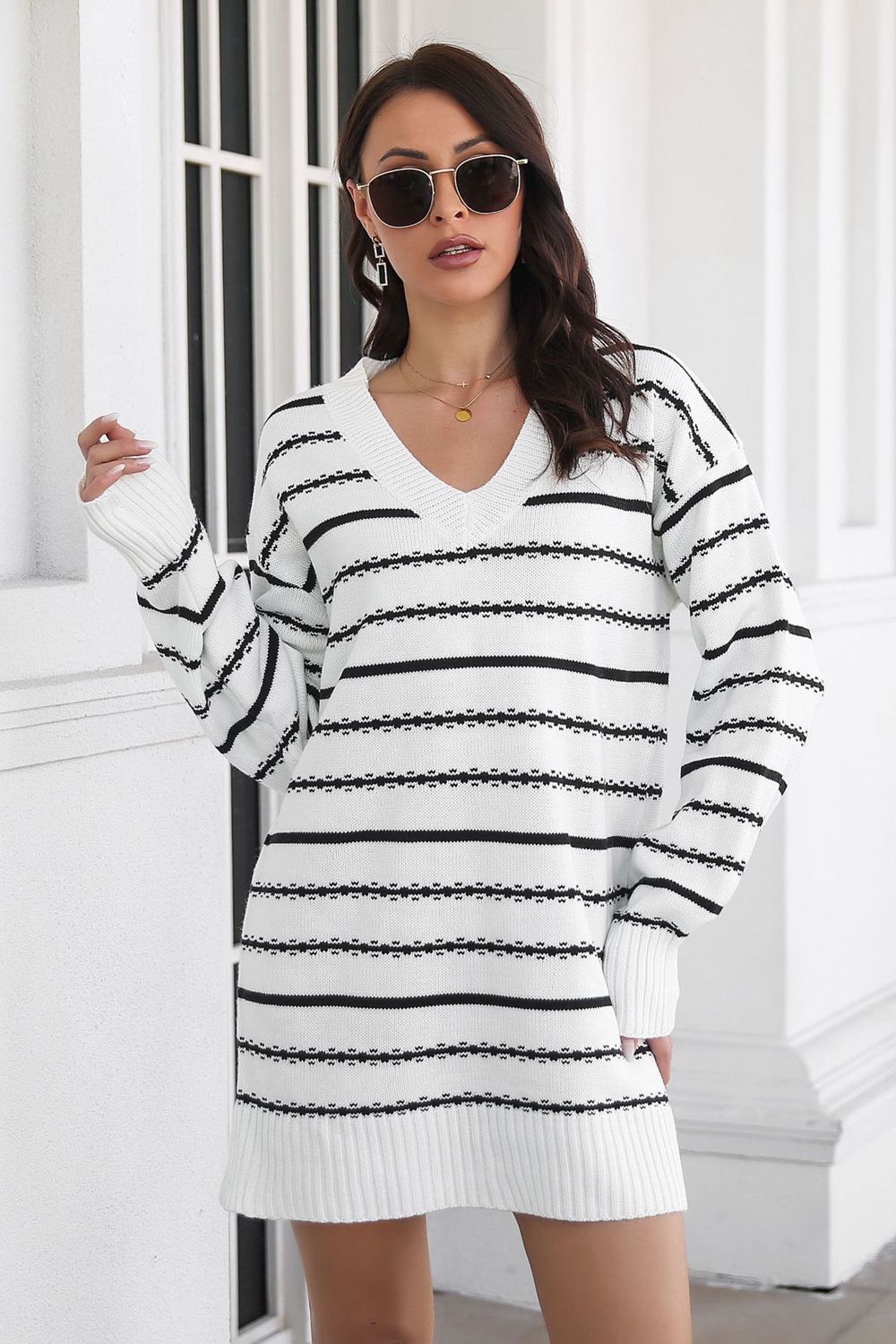 Striped V-Neck Mini Sweater Dress - Whiicka