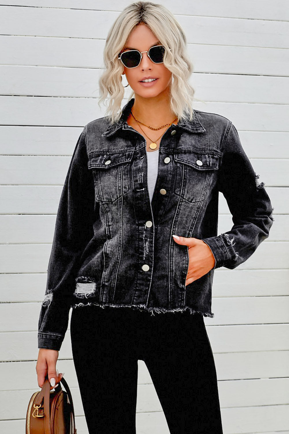 Distressed Raw Hem Denim Jacket - Whiicka