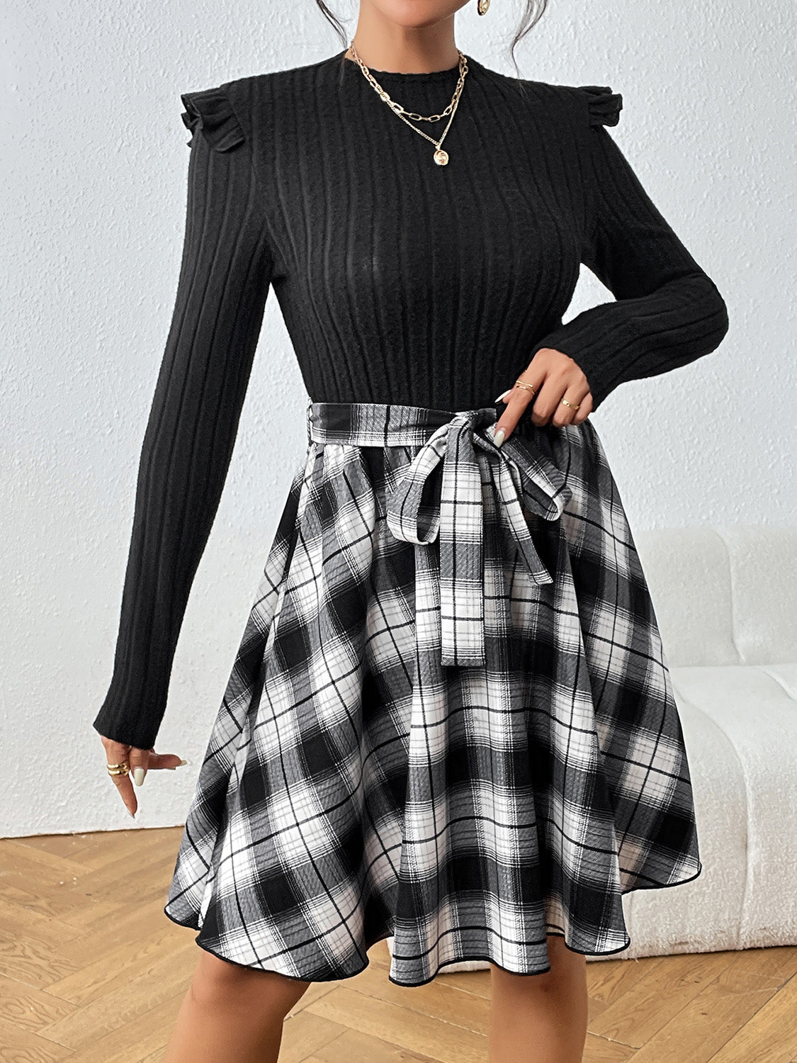 Plaid Ruffle Shoulder Dress - Whiicka