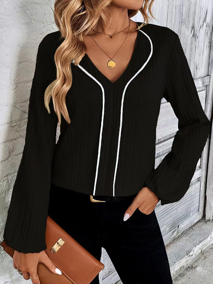 Contrast V-Neck Long Sleeve Blouse - Whiicka