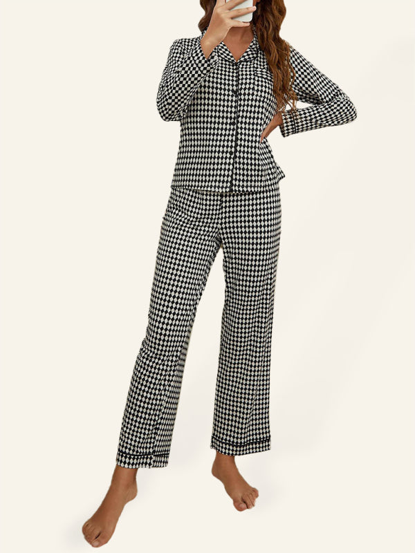 Women's Rhombus Long Sleeve Trousers Homewear Set - Whiicka