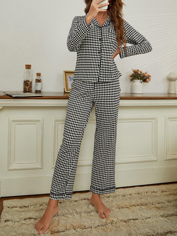 Women's Rhombus Long Sleeve Trousers Homewear Set - Whiicka