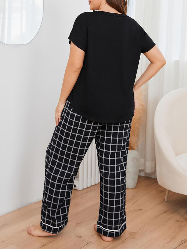 V-neck T-shirt plaid home pajamas set - Whiicka