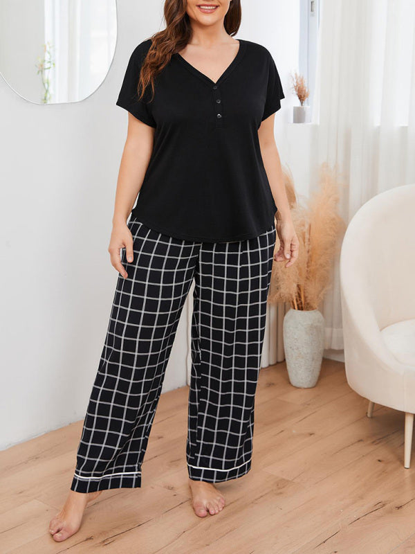 V-neck T-shirt plaid home pajamas set - Whiicka