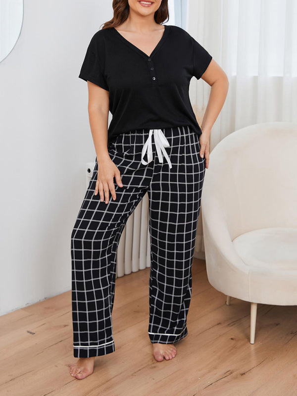 V-neck T-shirt plaid home pajamas set - Whiicka