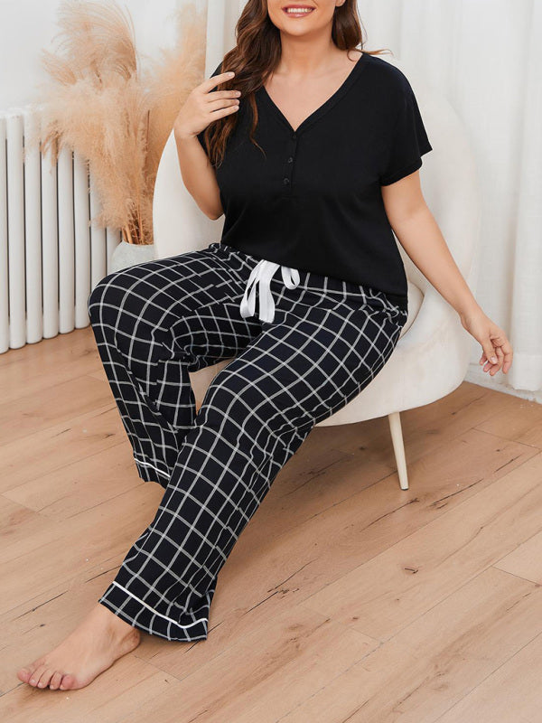 V-neck T-shirt plaid home pajamas set - Whiicka