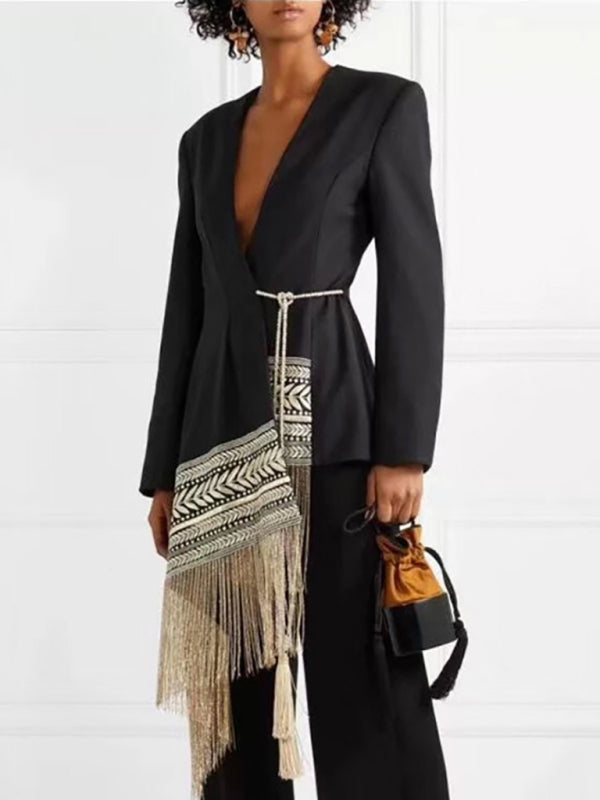 Embroidered irregular tassel hem blazer - Whiicka