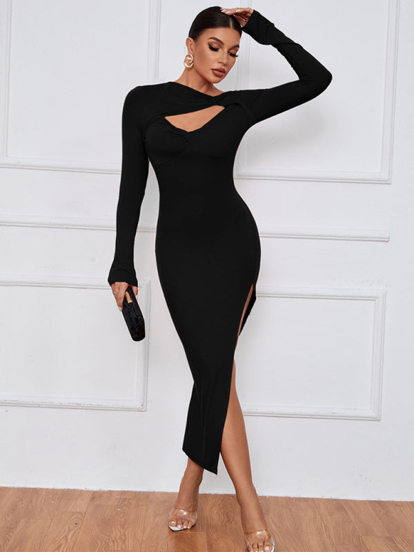 Angled Neckline Front Cutout Dress - Whiicka