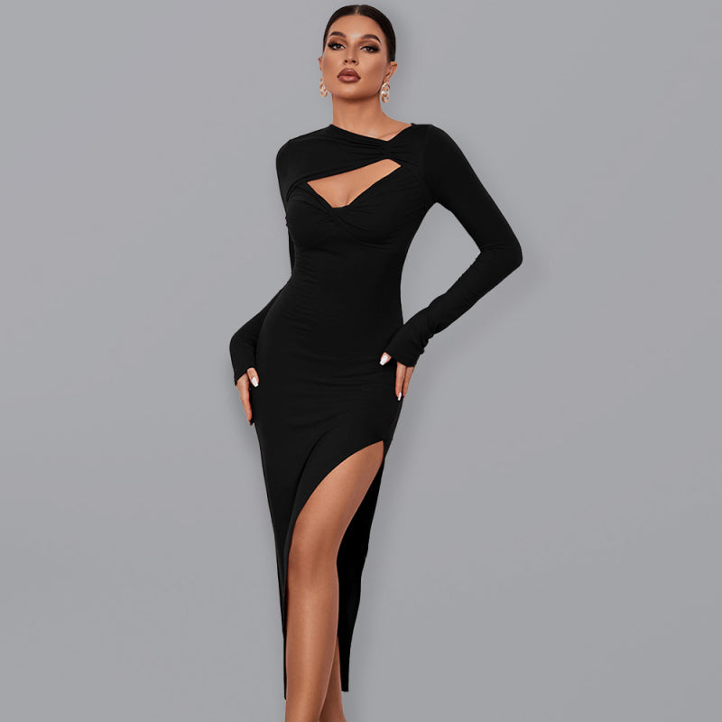 Angled Neckline Front Cutout Dress - Whiicka