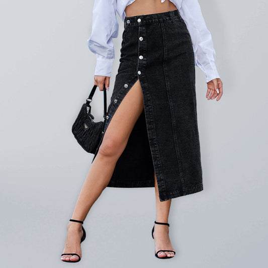 Button Slit Denim High Waist Skirt - Whiicka