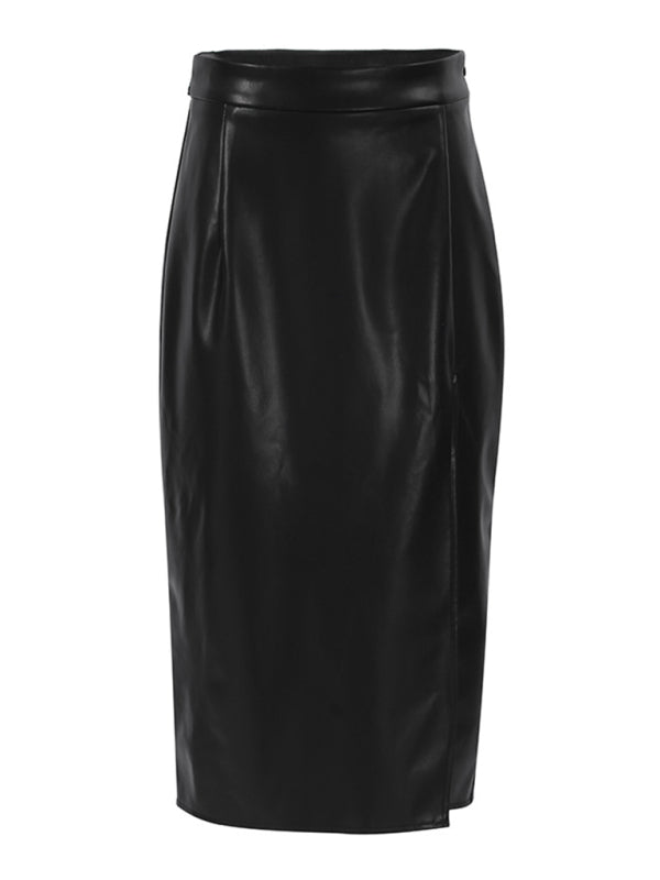 High waist side slit pu leather skirt - Whiicka