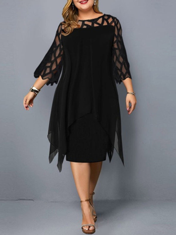 Lace Stitching Three-quarter Sleeve Chiffon Dress - Whiicka