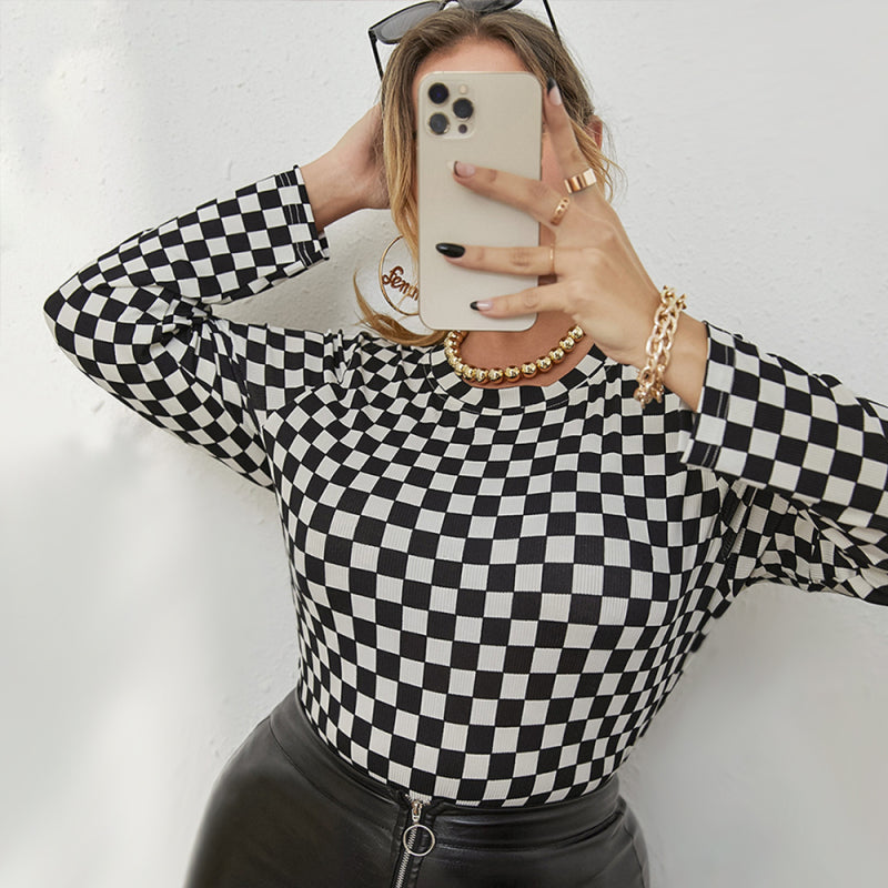 Knitted Skinny Checkerboard Round Neck Long Sleeve T-Shirt - Whiicka