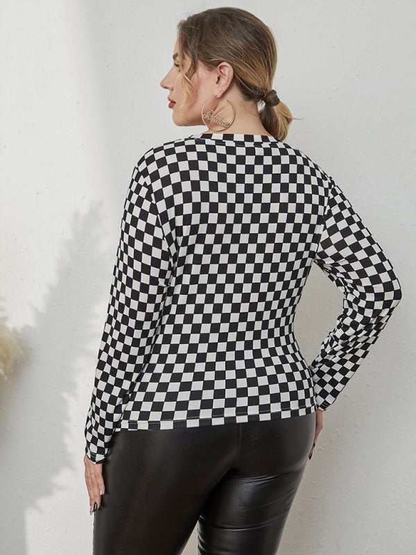 Knitted Skinny Checkerboard Round Neck Long Sleeve T-Shirt - Whiicka