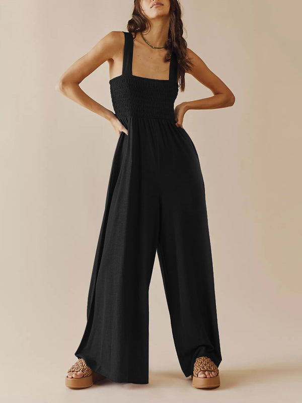 Square Neck Casual Slim Pleated Jumpsuit - Whiicka