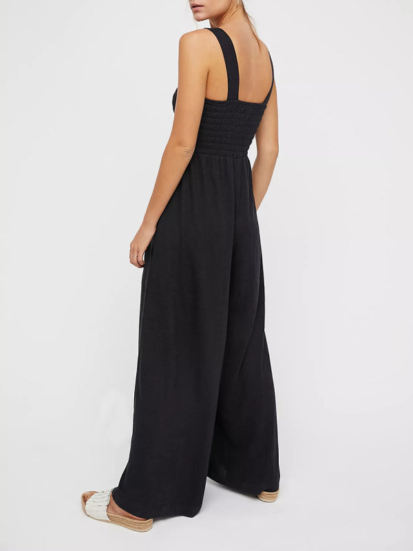 Square Neck Casual Slim Pleated Jumpsuit - Whiicka