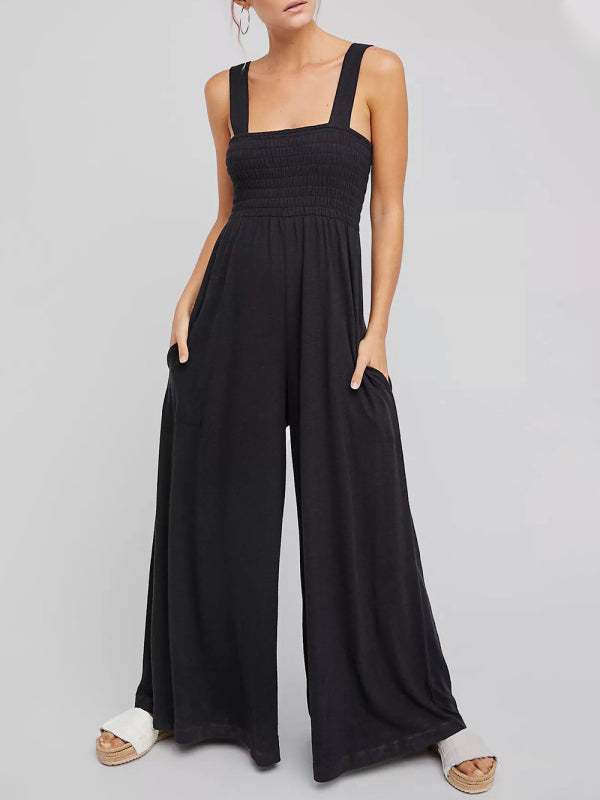 Square Neck Casual Slim Pleated Jumpsuit - Whiicka