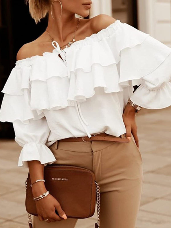 Double-ruffled Off the shoulder Tie-neck Blouse - Whiicka