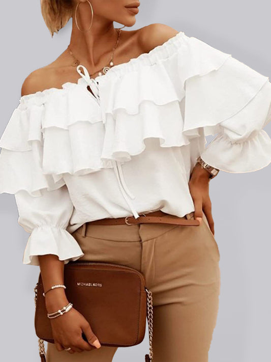 Double-ruffled Off the shoulder Tie-neck Blouse - Whiicka