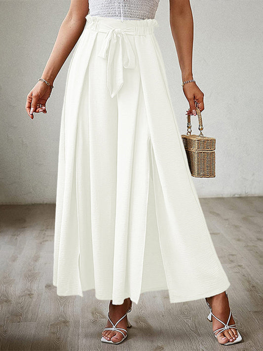 loose high waist belt pleated wide leg pants - Whiicka