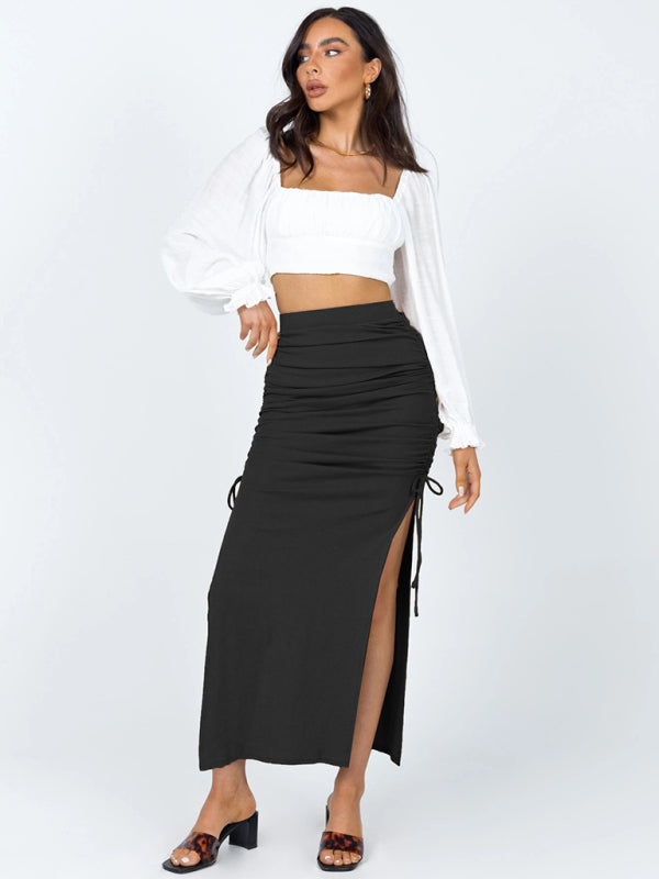 Side Lace Knit Ruched Mid Skirt - Whiicka