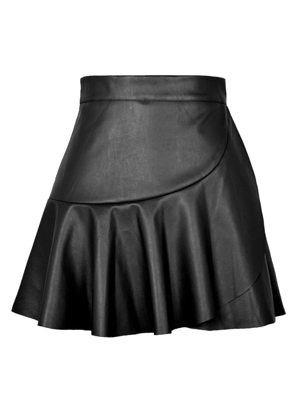 High Waist Ruffle Mini PU Leather Skirt - Whiicka