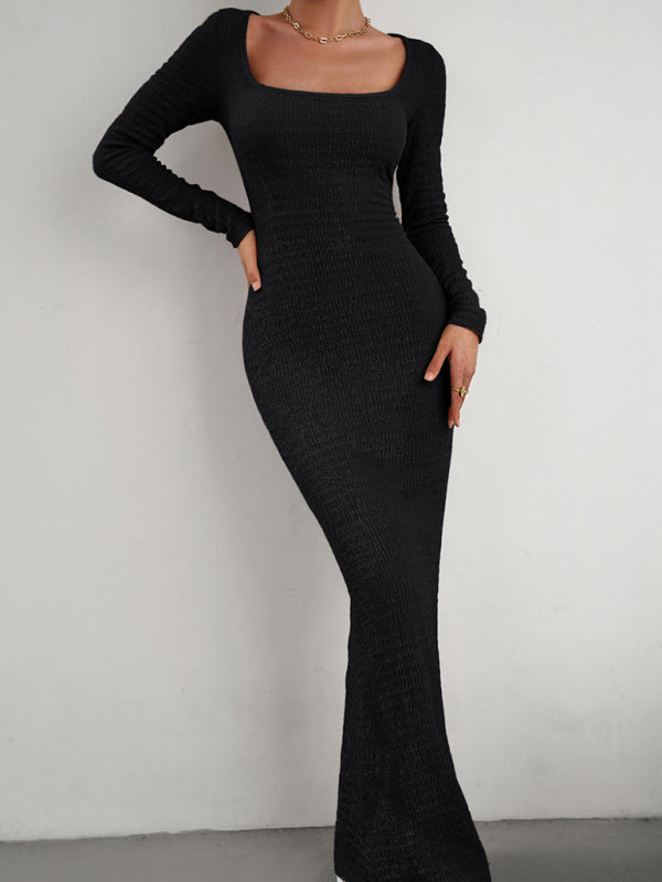 Fit Square Neck Long Sleeve Knitted Dress - Whiicka