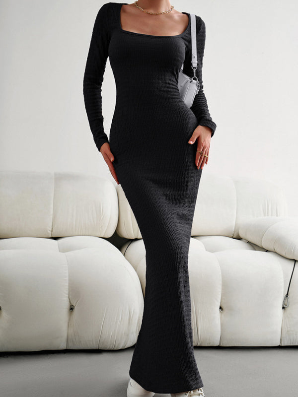 Fit Square Neck Long Sleeve Knitted Dress - Whiicka