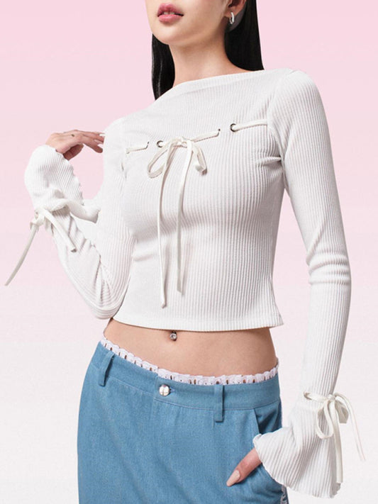 Bow Tie Thread Flared Long Sleeves Top - Whiicka